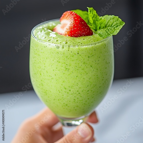 Close up of a Green Smoothie Garnished with Strawberry and Mint