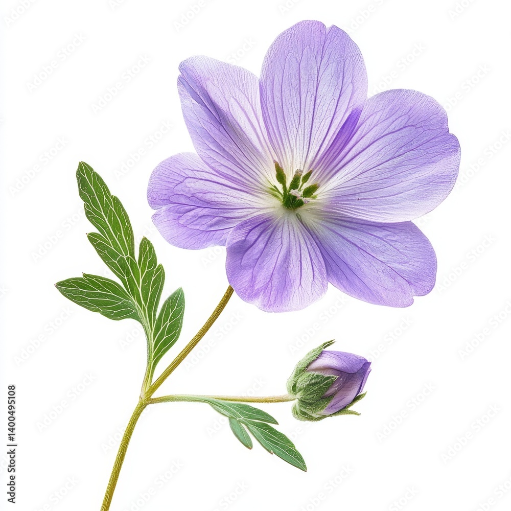 Obraz premium Delicate purple flower with green leaves and unopened bud against a white background showcasing natural beauty and elegance