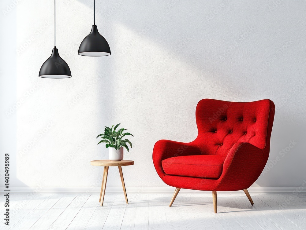Scandinavian Minimalist Living Room with Red Armchair and Wooden Side Table
