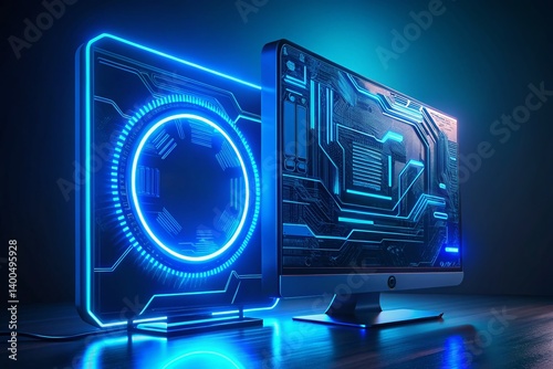 Futuristic Tech Background: Blue Neon Circuit Board with Monitor Display & Copy Space