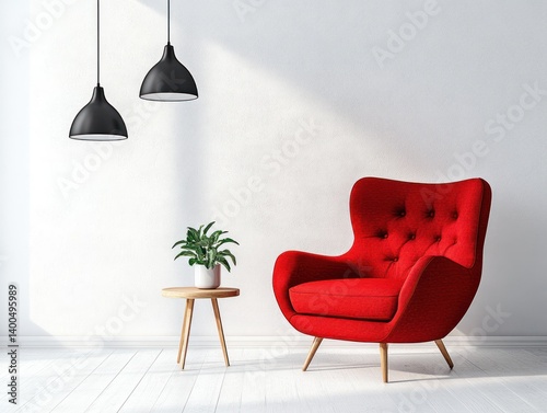 Obraz na płótnie Scandinavian Minimalist Living Room with Red Armchair and Wooden Side Table w salonie