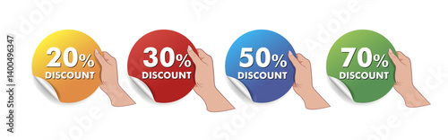 The hand holds the discount card. Discounts on sale. Special price tags.
 Discount symbols in the amount of 20, 30, 70 and 50 percent.
 Colored stickers. Vector.