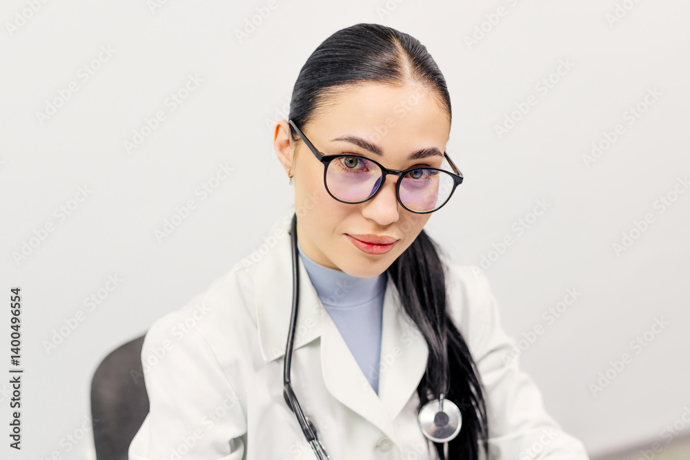 Portrait of young woman doctor in medical uniform. Concept of health care, helping patients. Health insurance expert looking at the camera. Portrait of young woman doctor in medical uniform. Concept of health care, helping patients. Health insurance expert looking at the camera.