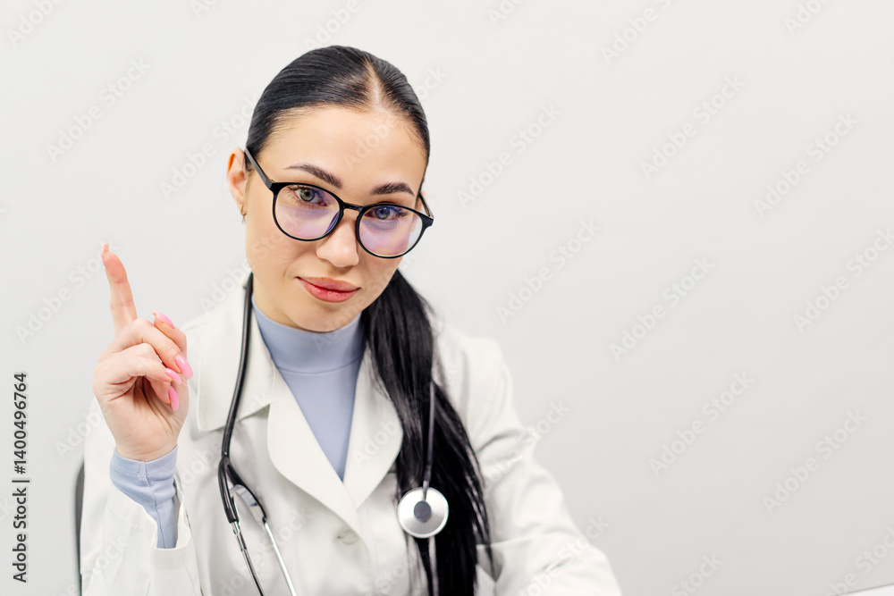 A young beautiful female doctor wearing a stethoscope and glasses points upward with finger number one or she has an idea. A young beautiful female doctor wearing a stethoscope and glasses points upward with finger number one or she has an idea.