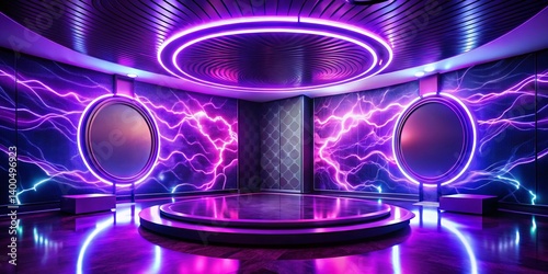 Futuristic Neon Room: Circular Platform, Digital Art Screen, Purple Lightning
