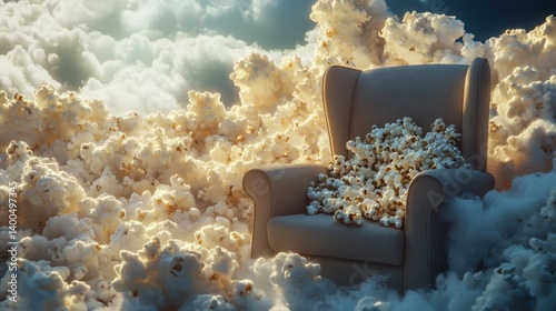 Cinema chair gliding effortlessly through a fluffy cloud of popcorn, a whimsical journey blending imagination and magic