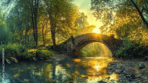 Ancient Stone Bridge Over Serene Stream in Lush Forest with Golden Sunlight Filtering Through Green Trees