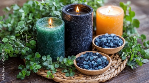 A cozy and mystical altar scene with a black obsidian crystal, a lit candle, and a woven basket tray. Green plant leaves and a bowl of sea salt are arranged with earthy tones on a rustic wooden table.