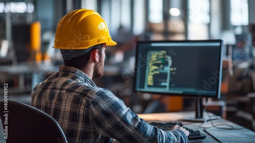 worker with yellow helmet at the workstation