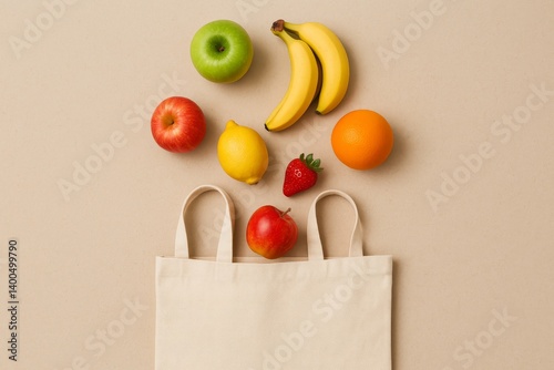 Fresh Fruits in a Reusable Bag on a Beige Background During Daylight