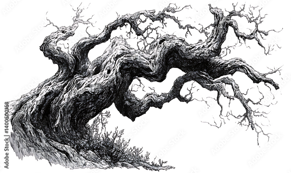 Fototapeta premium illustrations of various trees, leaves, grasses, and botanical elements on white background.
