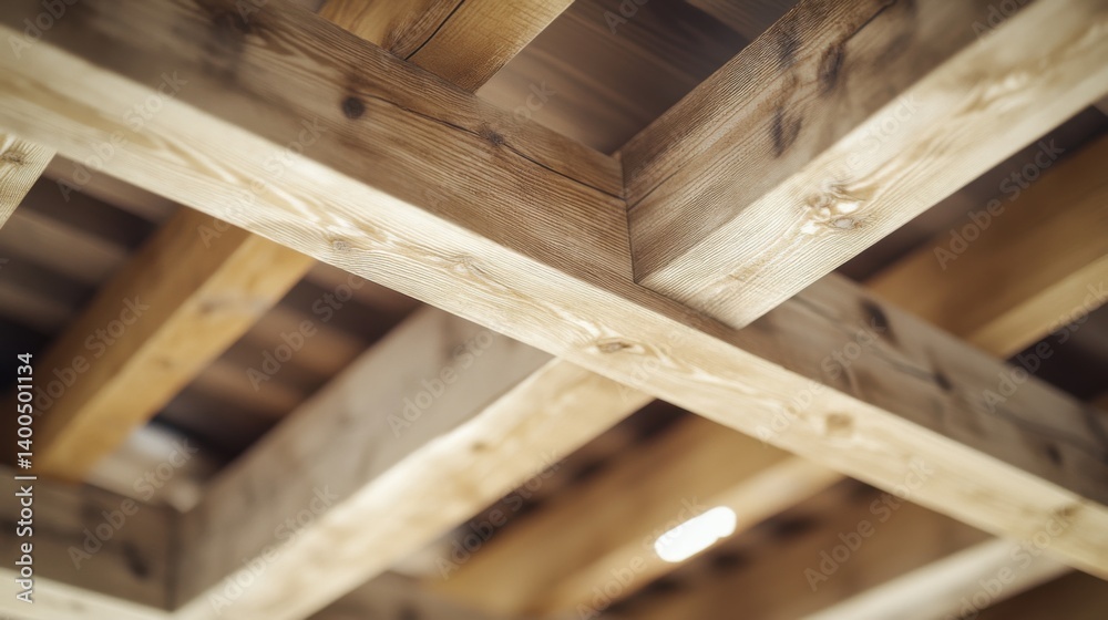 Carpenter installing wooden beams for a ceiling. Featuring skill and craftsmanship Carpenter installing wooden beams for a ceiling. Featuring skill and craftsmanship