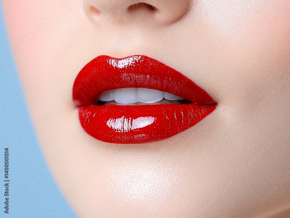 Fototapeta premium Close Up Of Woman's Glossy Red Lips and Sparkling Skin Light Blue Background