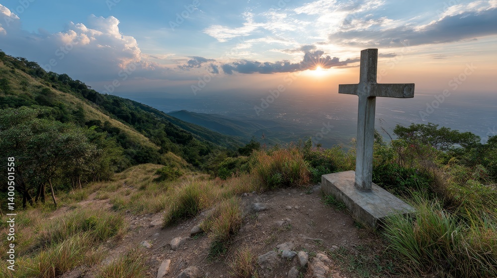 Bright sunrise breaks through clouds, casting golden rays over a hilltop cross. The scene captures a moment of spiritual significance amidst nature's beauty