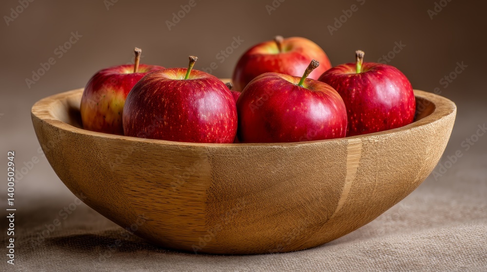A rustic wooden bowl showcases ripe red apples against a warm taupe backdrop, embodying the essence of harvest season and rural lifestyle charm A rustic wooden bowl showcases ripe red apples against a warm taupe backdrop, embodying the essence of harvest season and rural lifestyle charm