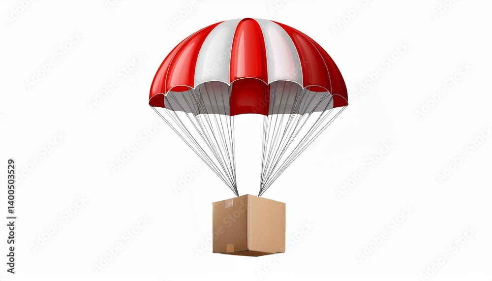 Obraz premium A red and white parachute with brown box attached to it isolated on a white background 
