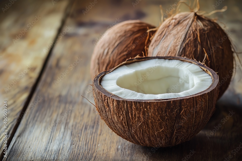Whole and halved coconuts resting on a rustic wooden table.