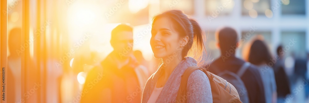 A joyful woman stands smiling with golden sunlight creating a warm and invigorating atmosphere.