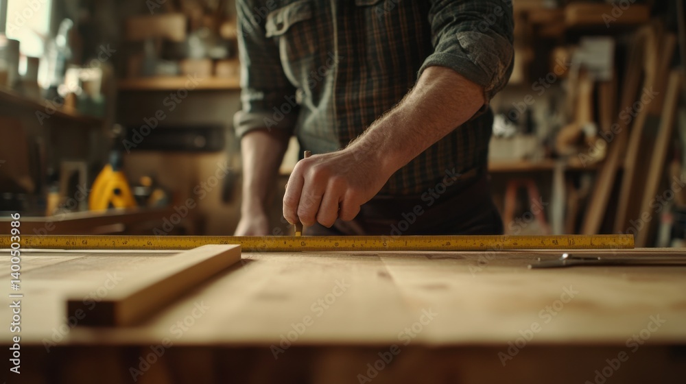 Carpenter measuring wood for a custom bookshelf. Featuring accuracy and craftsmanship Carpenter measuring wood for a custom bookshelf. Featuring accuracy and craftsmanship