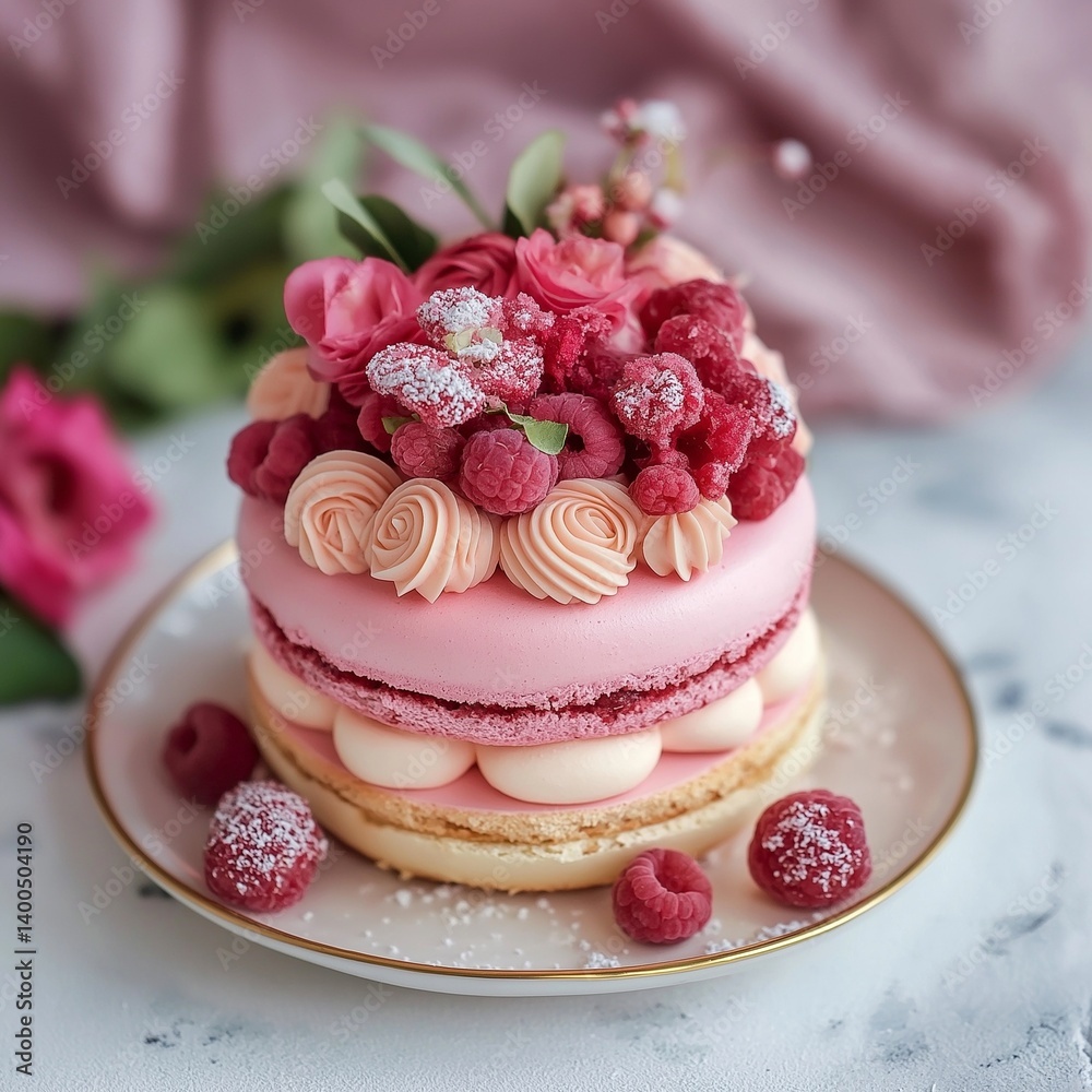 A delightful pink cake topped with roses and raspberries showcases exquisite pastry artistry.