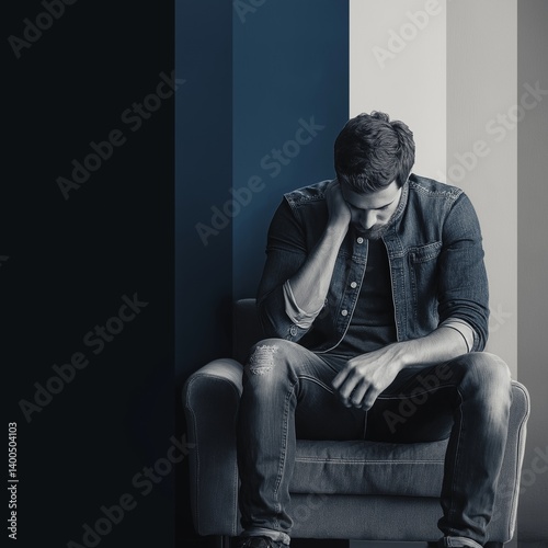 Obraz na płótnie A young man sits pensively on a couch, embodying deep reflection and emotional struggle. w salonie
