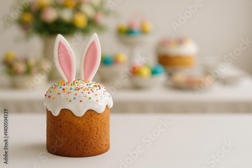 Easter Themed Dessert With Bunny Ears and Colorful Decorations on a Spring Table