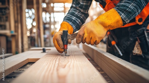 Carpenter measuring wood for a custom shelf. Featuring precision and skill