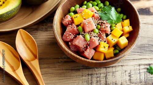 Ahi Poke Bowl Close-Up, Mango, Edamame, Avocado