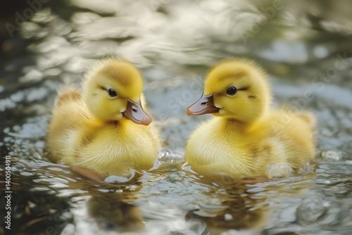 Two fluffy yellow ducklings joyfully swimming together in the shimmering water, displaying their charm.