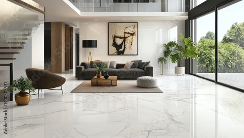 Modern, spacious living area with elegant white marble flooring.  Large windows offer views of lush greenery
