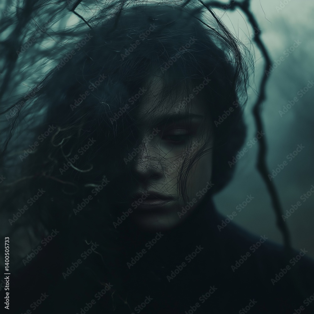 A soulful portrait reflecting emotion in a dark, foggy setting.
