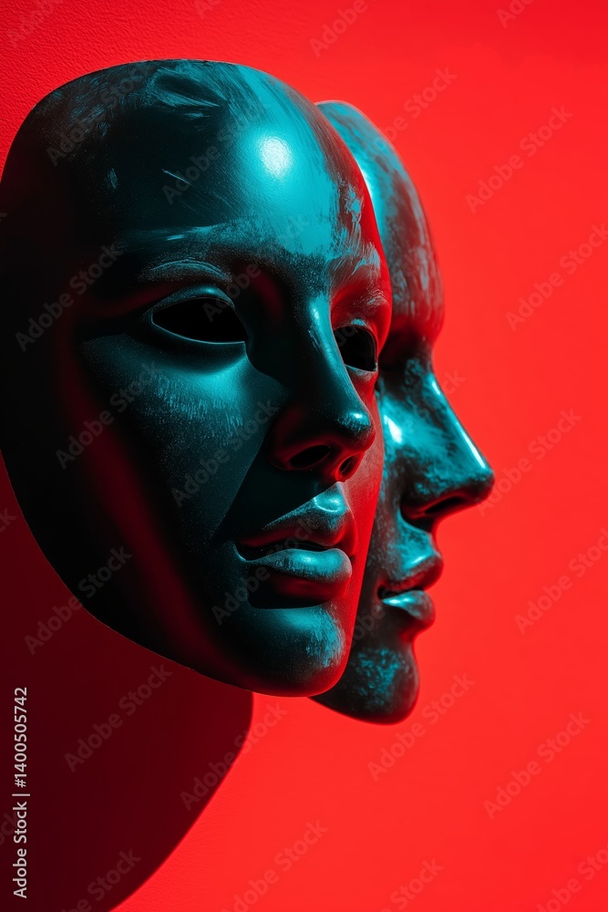 Stylish masks artfully displayed against a bright red backdrop.