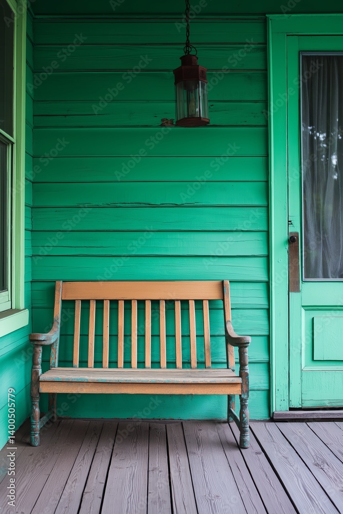 A serene porch setting featuring a charming green bench.