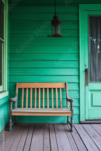 Obraz na płótnie A serene porch setting featuring a charming green bench. w salonie