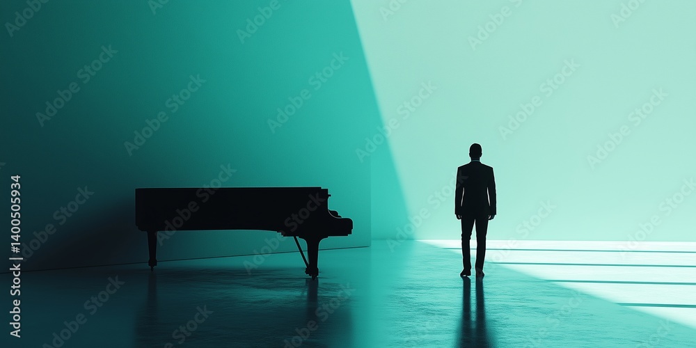 A person stands in silhouette adjacent to a grand piano in soft lighting.