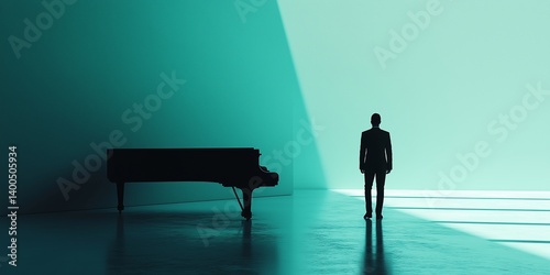 Obraz na płótnie A person stands in silhouette adjacent to a grand piano in soft lighting. w salonie