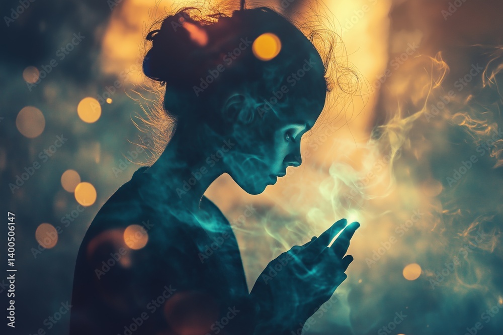 A silhouette of a girl holding her phone surrounded by mystical smoke and lights.