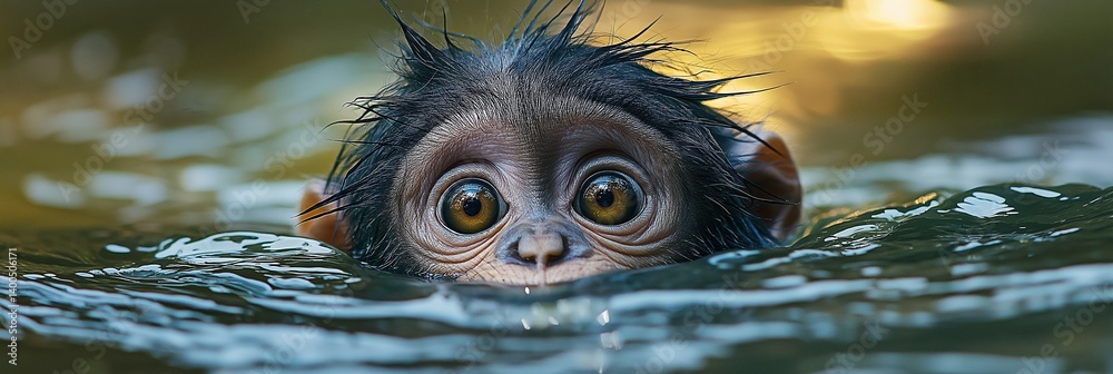 A baby monkey peeks through water, showcasing its innocent curiosity and wide eyes.