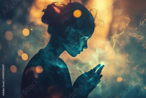 Obraz na płótnie A silhouette of a girl holding her phone surrounded by mystical smoke and lights. w salonie