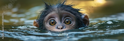 Obraz na płótnie A baby monkey peeks through water, showcasing its innocent curiosity and wide eyes. w salonie