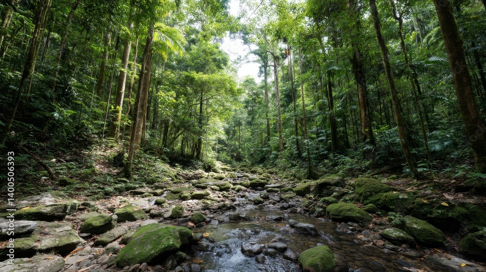 A serene stream cascades over smooth, mossy stones amid lush rainforest foliage, with sunlight filtering through the vibrant green leaves above A serene stream cascades over smooth, mossy stones amid lush rainforest foliage, with sunlight filtering through the vibrant green leaves above