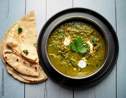 bowl of sarso ka saag with makki ki roti top view on table