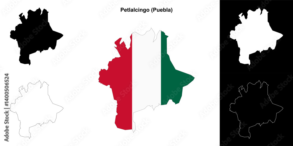 Fototapeta premium Petlalcingo municipality (Puebla) outline map set