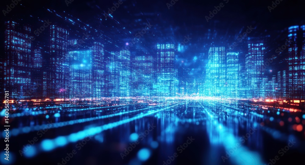Futuristic Cyberpunk Cityscape with Digital Data Flow and Binary Code Visualization in Neon Colors Futuristic Cyberpunk Cityscape with Digital Data Flow and Binary Code Visualization in Neon Colors