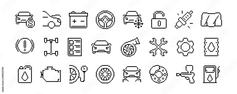 Pixel automotive icon set with car, wheel, battery, steering wheel, spark plug, wrench, gear, oil barrel, fuel gun. Pixel art isolated on white background. Auto repair concept