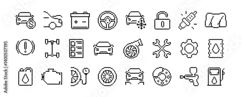 Obraz na płótnie Pixel automotive icon set with car, wheel, battery, steering wheel, spark plug, wrench, gear, oil barrel, fuel gun. Pixel art isolated on white background. Auto repair concept w salonie
