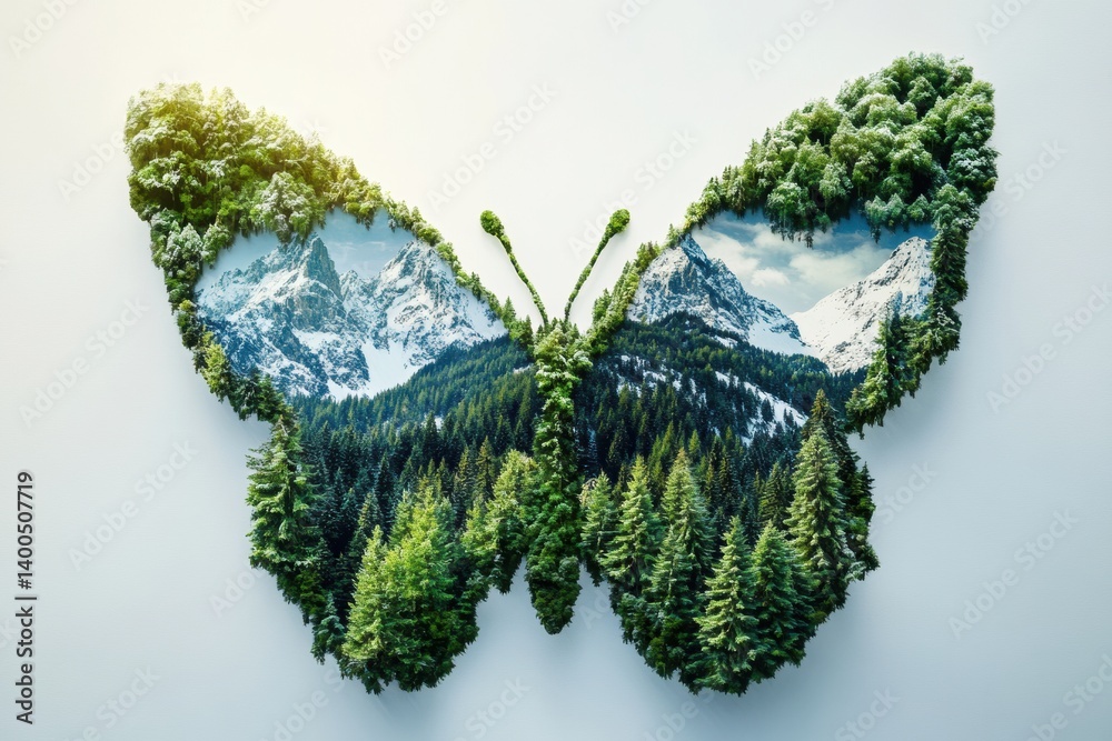 Creative butterfly design featuring evergreen forests and snowy mountains symbolizes natures rebirth and ecological harmony Creative butterfly design featuring evergreen forests and snowy mountains symbolizes natures rebirth and ecological harmony