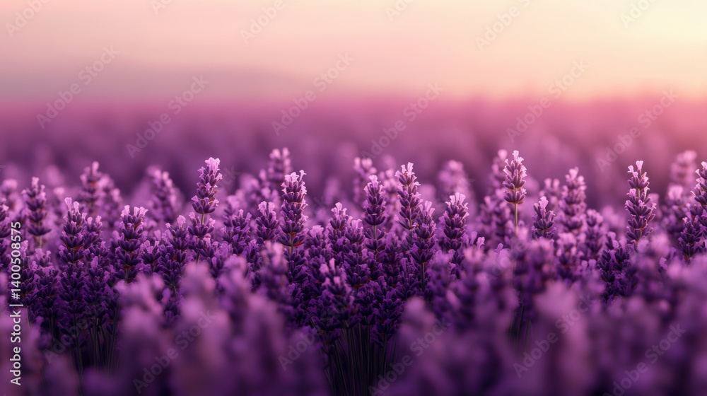 Obraz premium A field of lavender, A serene lavender field bathed in soft sunset hues, creating a tranquil and picturesque nature scene.