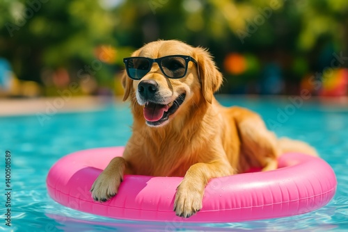 Golden Retriever Relaxes in Pink Float in Sunny Swimming Pool During Summer A...