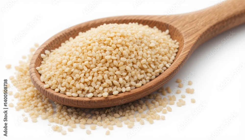 A wooden spoon generously filled with rich brown sesame seeds perfect for culinary delights and dishes A wooden spoon generously filled with rich brown sesame seeds perfect for culinary delights and dishes